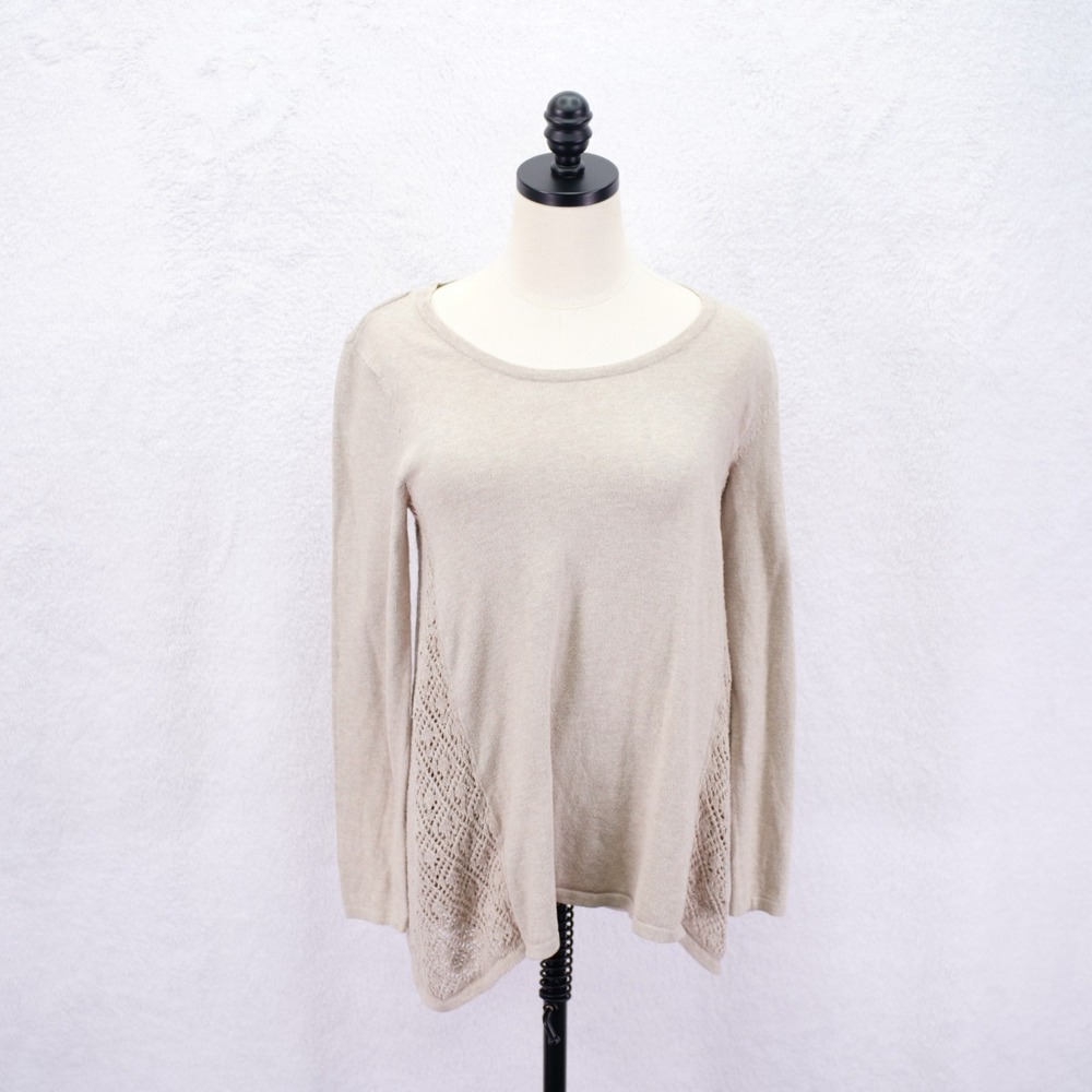 Style & Co Small Beige Cotton Polyester Lace Long Sleeve Round Neck Knit Sweater